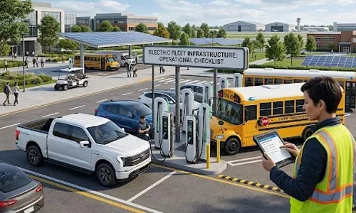 Electric fleet infrastructure for schools and corporate campuses. 