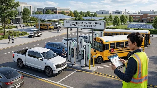 Electric fleet infrastructure for schools and corporate campuses. 